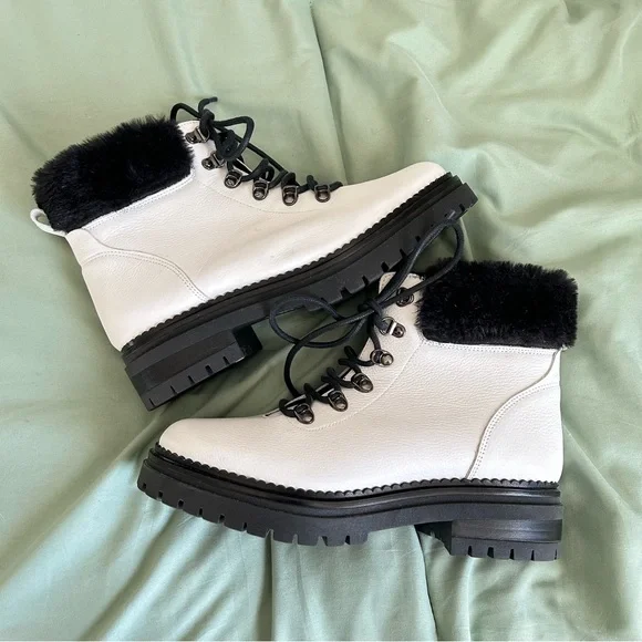 🩷M. GEMI WHITE LEATHER BLACK FUR WINTER LACE UP TRENDING ANKLE BOOTS SIZE 9 - Picture 5 of 14